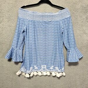 CABANA LIFE Women's Size Small Smocked Off Shoulder Ruffle Sleeve‎ Blue Top